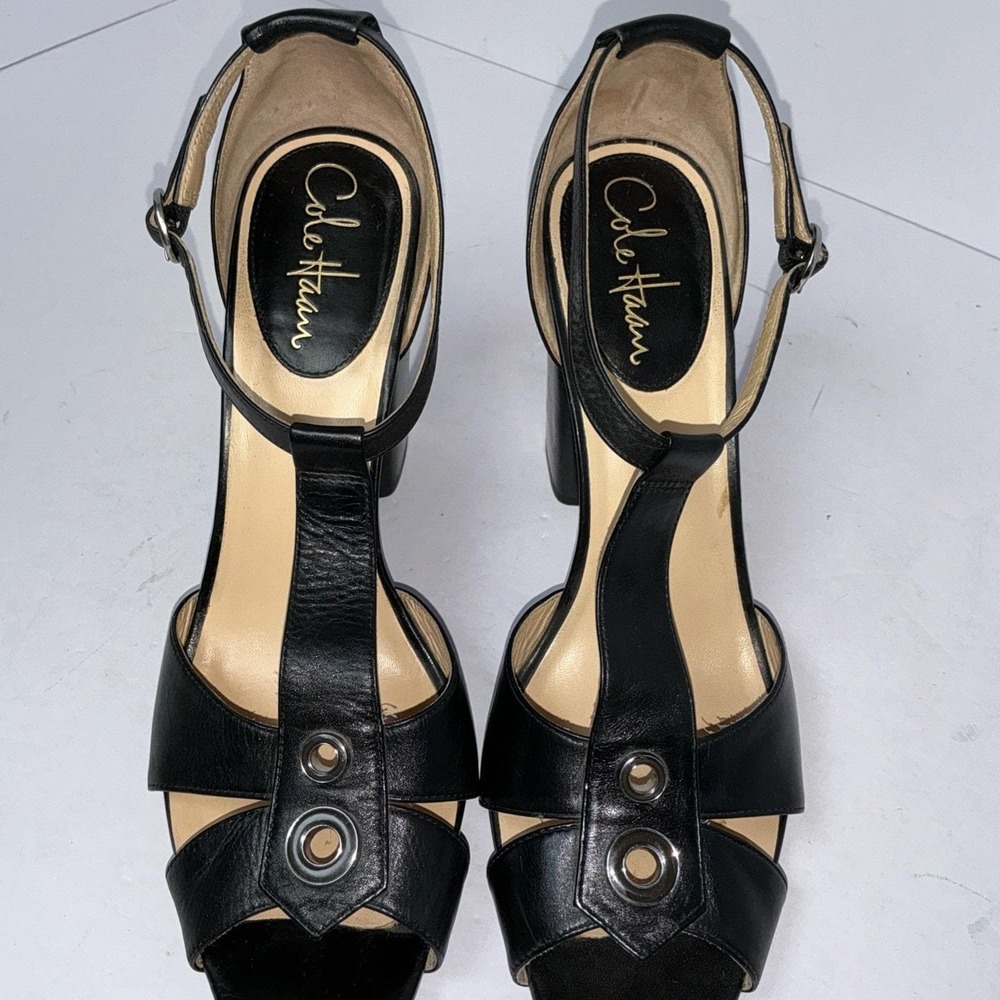 Cole Haan NikeAir Black Leather T-Strap Sandals Size 8.5B Chunky Heel Peep Toe - Picture 6 of 10